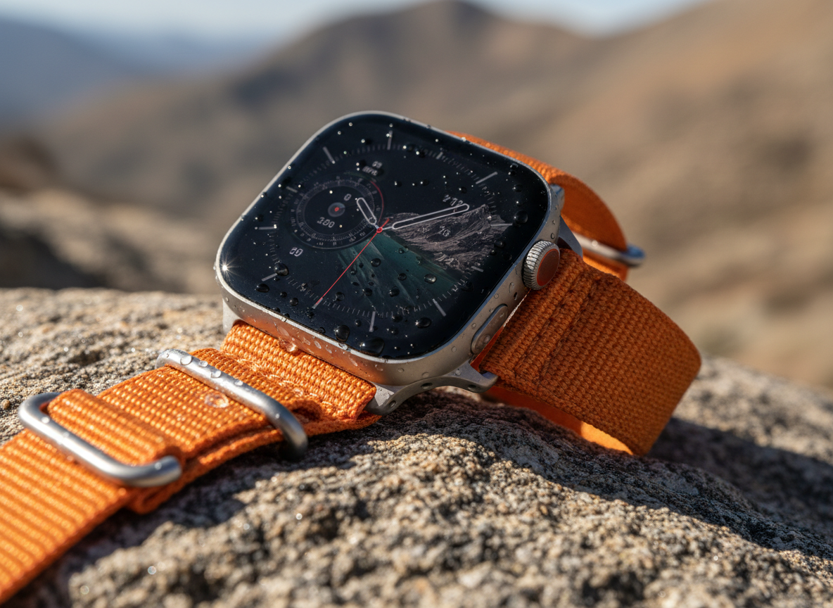 Smartwatch con cassa in titanio su superficie rocciosa, stile editoriale
