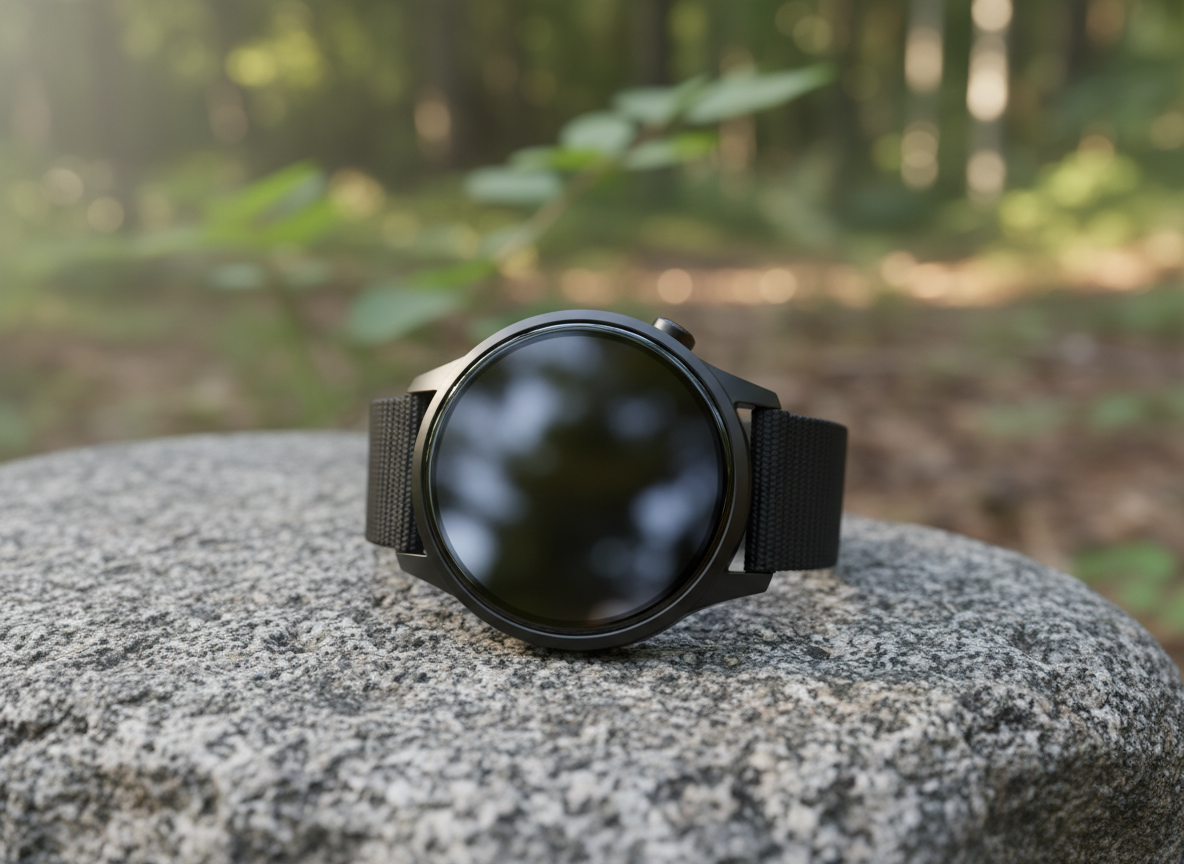 Smartwatch tondo nero premium su granito all'aperto