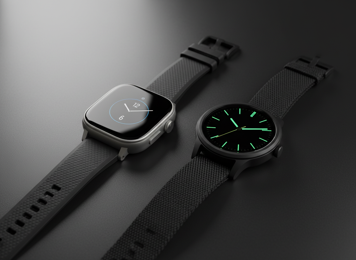 Due smartwatch premium affiancati su superficie scura per confronto