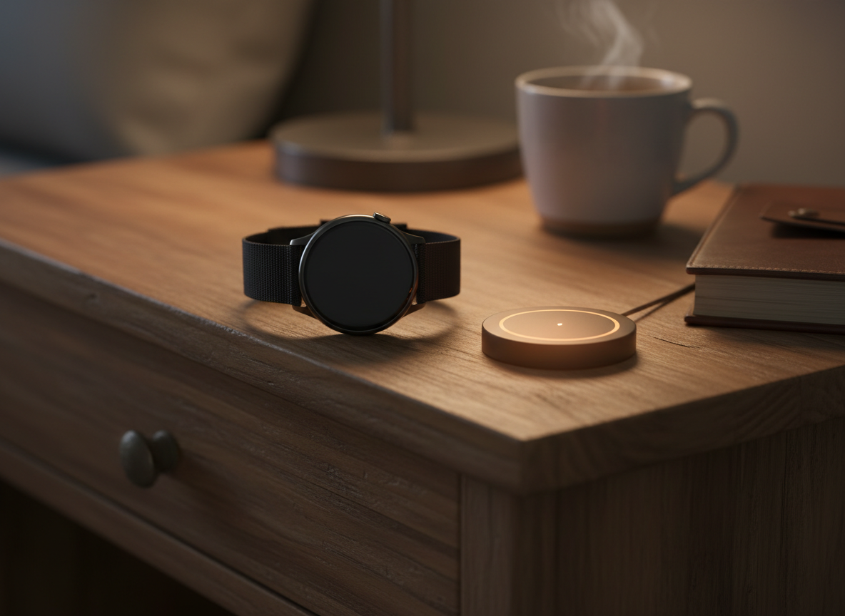 Smartwatch premium in ricarica sul comodino di notte