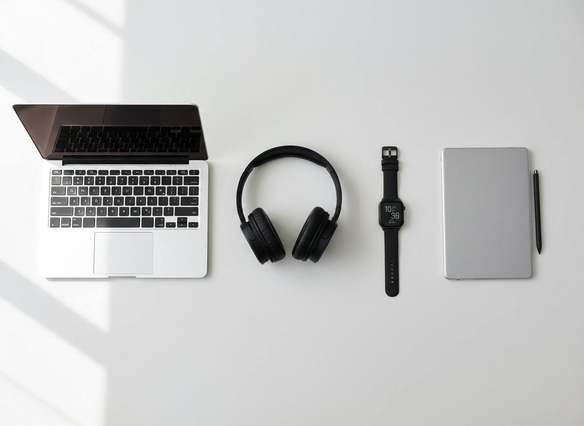 Flat lay di prodotti tech su scrivania minimal: laptop, cuffie wireless, smartwatch e tablet