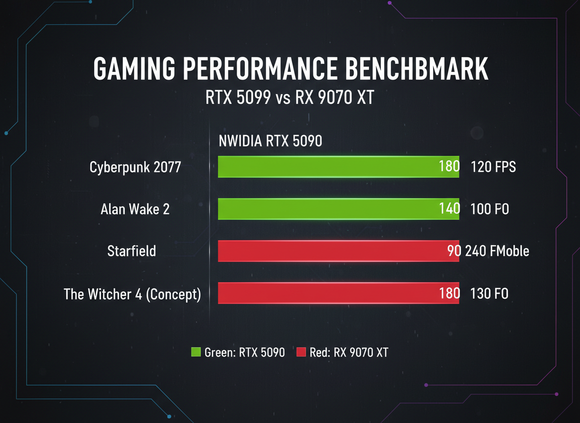 Grafico benchmark FPS a confronto tra RTX 5090 e RX 9070 XT nei titoli AAA