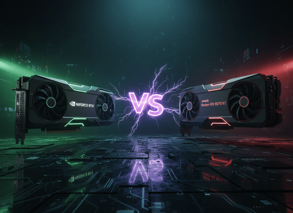 Epic cinematic showdown between two gaming GPUs on a dark dramatic background with circuit board floor and dramatic lighting. Left side: a large green-accented GPU with clear bold white text "NVIDIA GeForce RTX 5090" printed prominently on the shroud, NVIDIA logo clearly visible in bright white. Right side: a large red-accented GPU with clear bold white text "AMD Radeon RX 9070 XT" printed prominently on the shroud, AMD logo clearly visible in bright red. Both cards face each other horizontally. In the center between them: a massive glowing purple "VS" text with electric lightning bolts crackling outward. The text labels on both cards must be sharp, high contrast, fully legible — no blurry or distorted text. Dark teal/black background with glowing circuit board reflections on the floor. Cinematic, dramatic, high-detail render. 16:9 aspect ratio.
