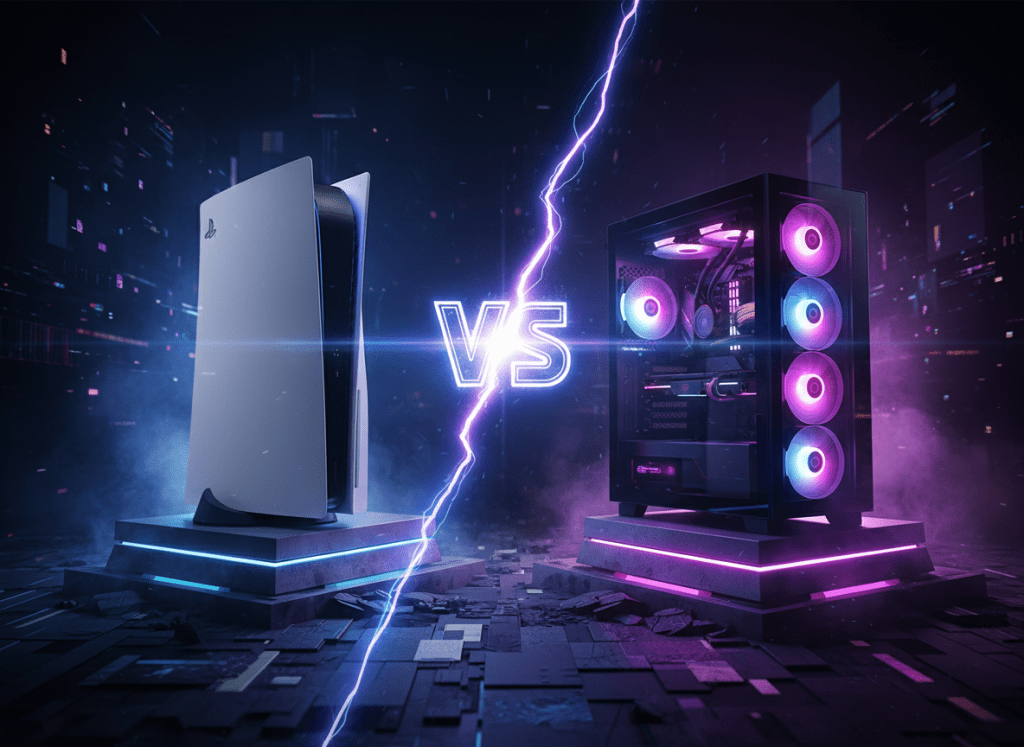 Epic gaming battle scene: PS5 Pro console on the left side facing a high-end gaming PC tower on the right side, dramatic split composition with blue lighting on the PS5 side and purple/RGB lighting on the PC side, "VS" text in the center with glowing effect, dark cinematic background, ultra-realistic render, 16:9 aspect ratio